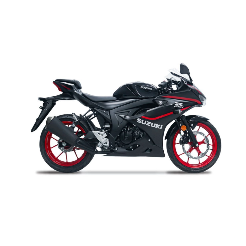 New Suzuki GSX R150 red sport motorcycle front three-quarter view at TM Motoworld Malaysia