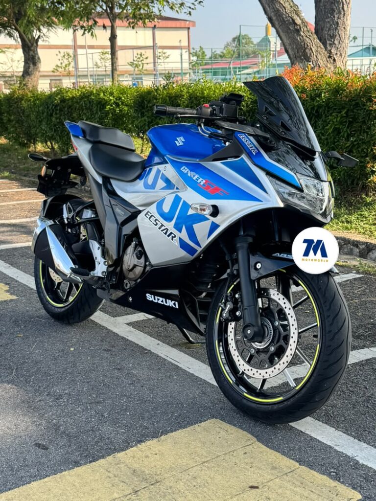 front view of blue GIXXER SF GP motorcycle