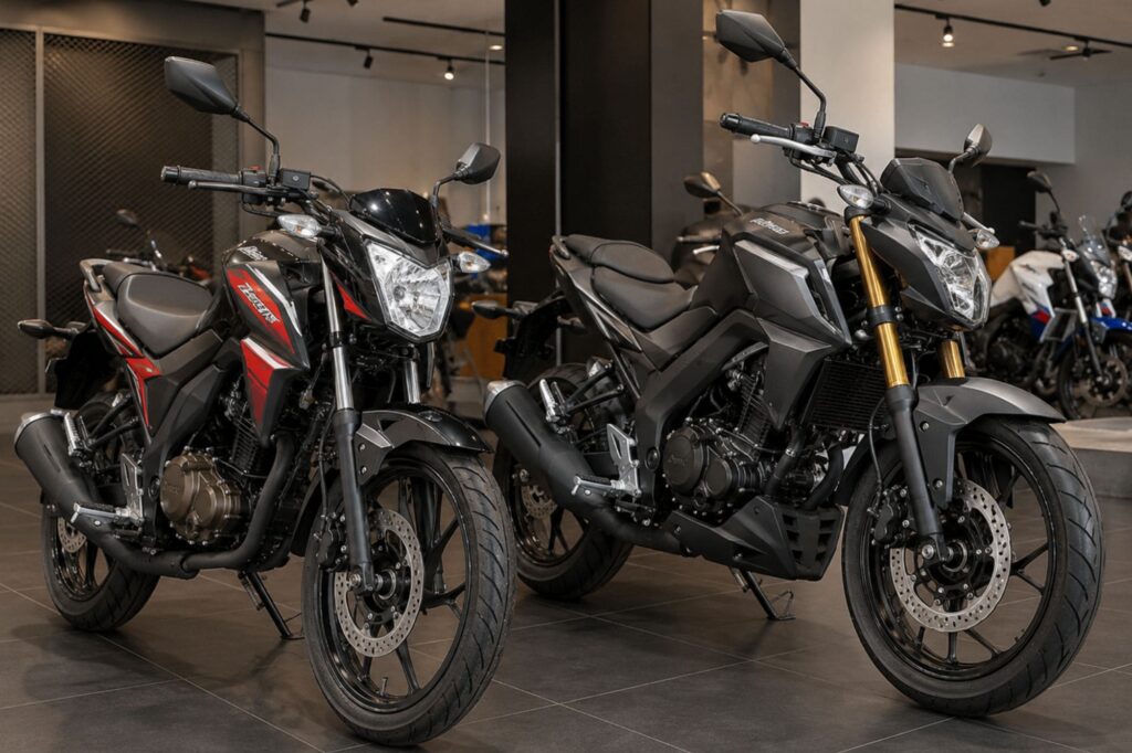 150cc and 250cc motorcycles parked side by side at TM Motoworld Kapar showroom