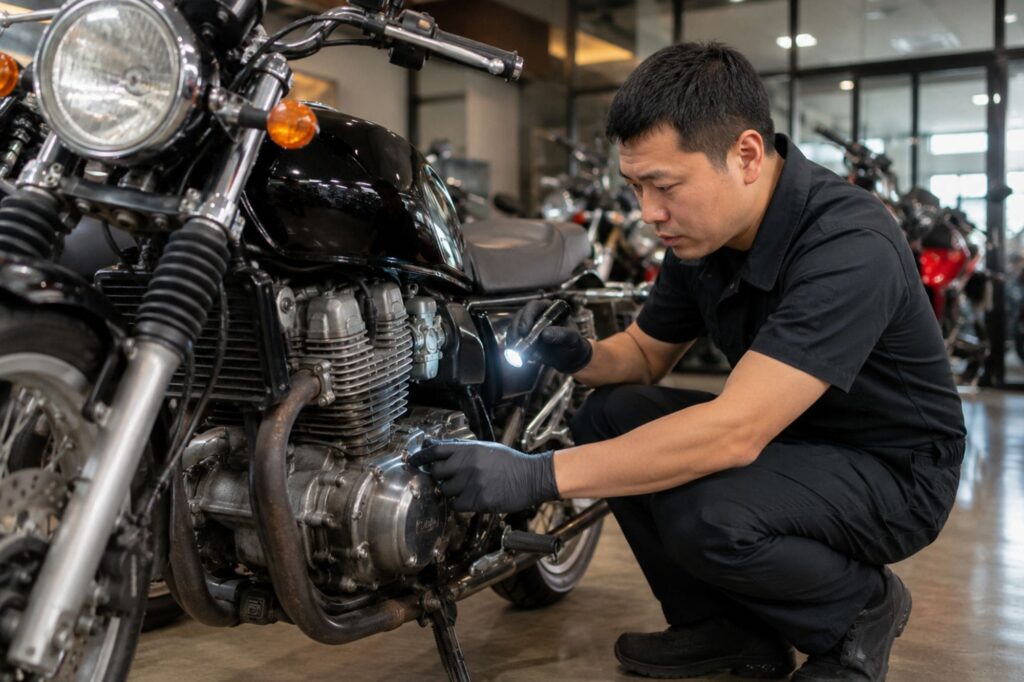 Buyer reviewing a motorcycle service booklet and workshop receipts before purchase