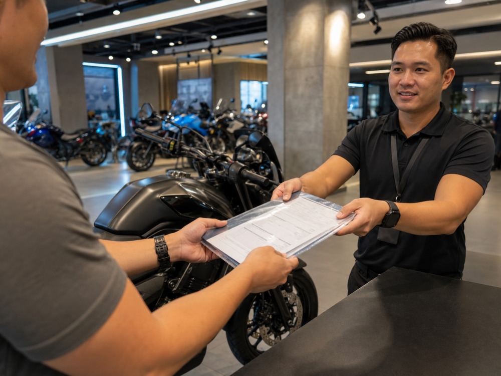  Folder of motorcycle service receipts handed over during a trade-in at TM 