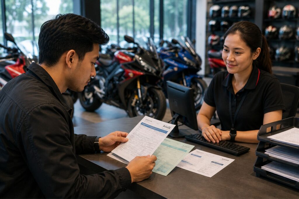 Penunggang motosikal menyemak dokumen insuran dan road tax di kaunter TM Motoworld