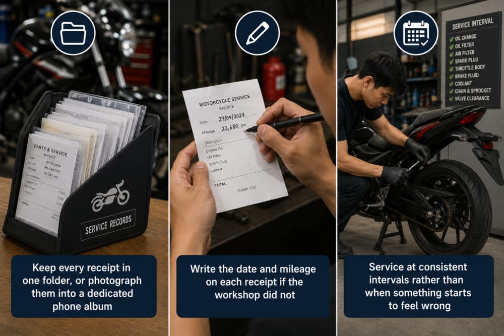 Reviewing service history on motorcycle