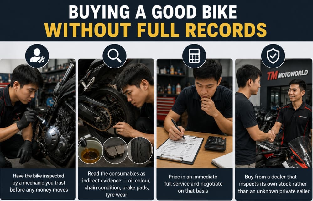 Reviewing service history on motorcycle
