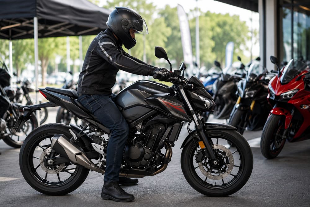 Rider checking seat height and handlebar reach during a motorcycle test ride