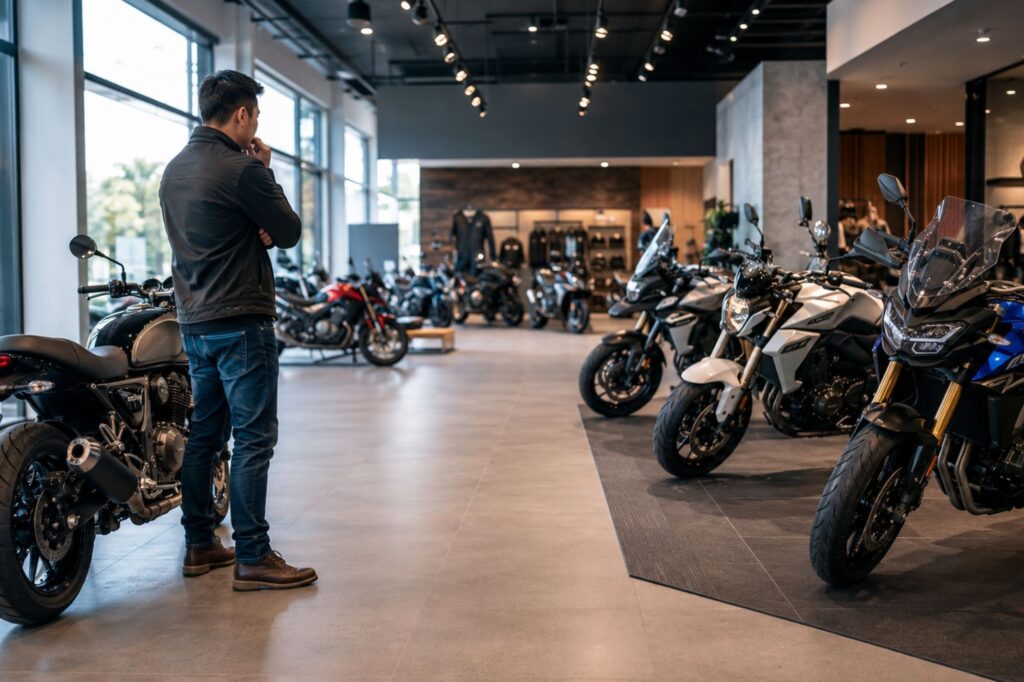 Rider comparing his current motorcycle with newer models at showroom
