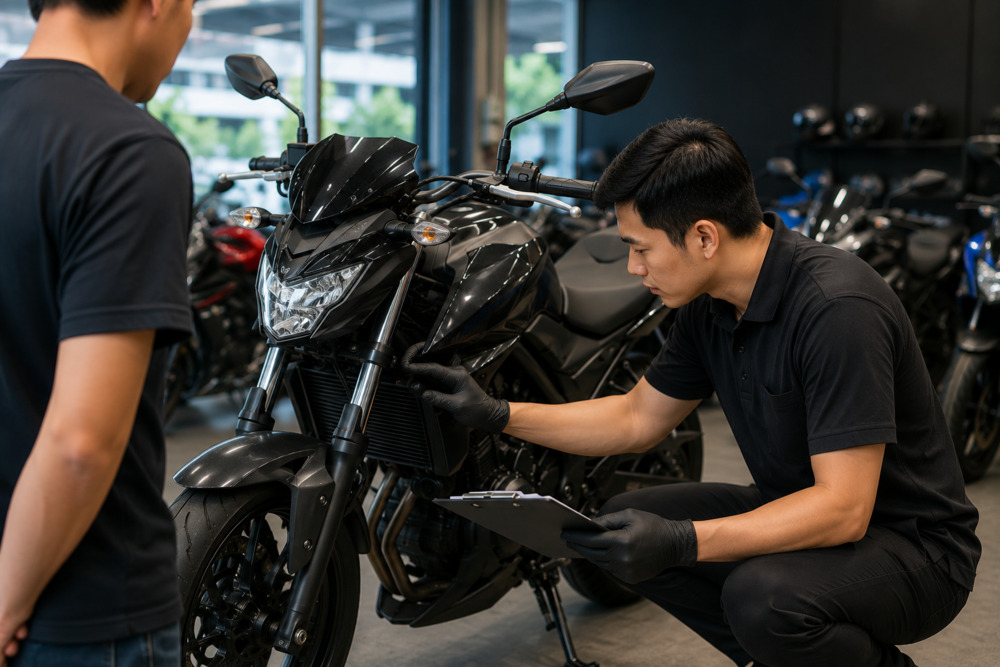 TM Motoworld staff inspecting a used motorcycle during a free trade-in valuation