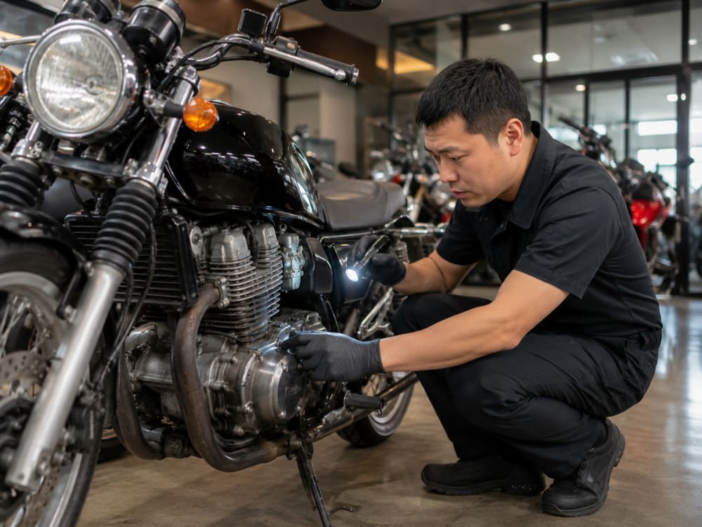 TM Motoworld technician inspecting a used motorcycle engine before it goes on sale