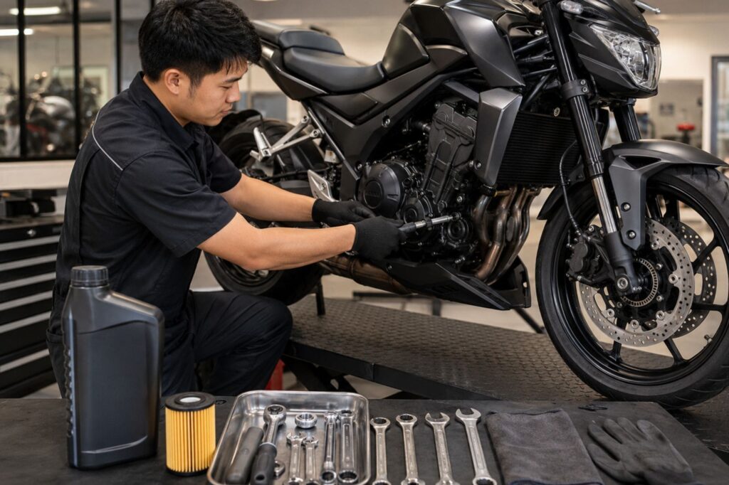 Technician performing routine motorcycle servicing with oil filter and tools laid out