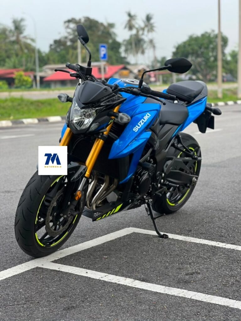 Front view of a blue Suzuki GSX-S750 motorcycle