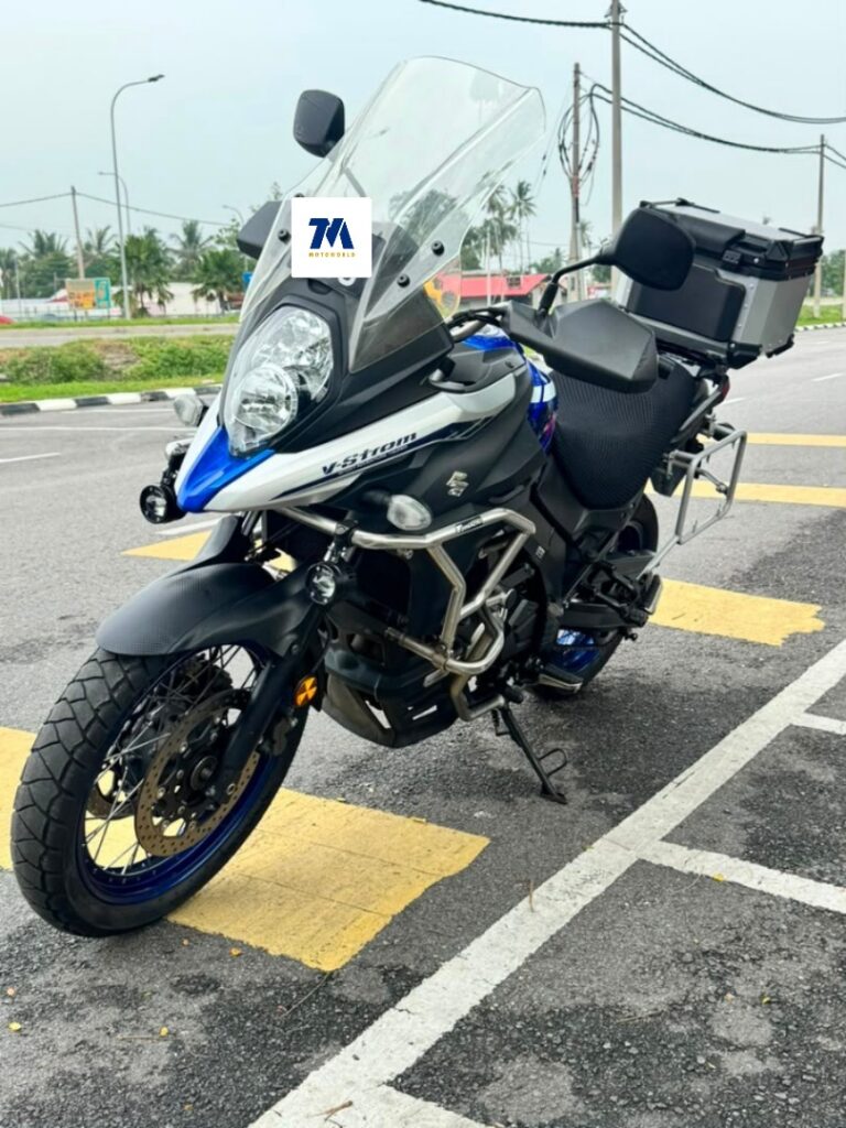 Front view of Suzuki VStrom 650XT in blue