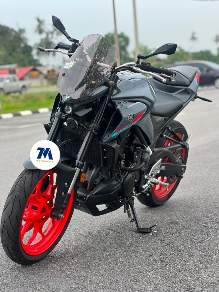 Yamaha MT25 motorcycle front view with red wheels and windshield