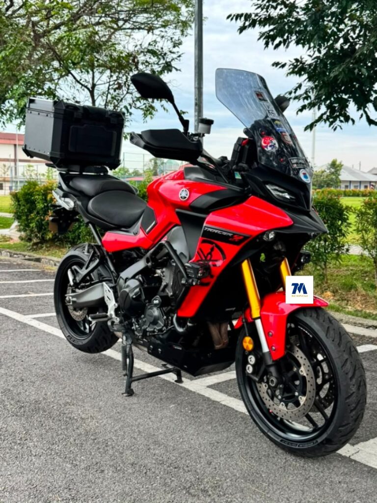 Yamaha Tracer V3 Super Red with top box facing forward