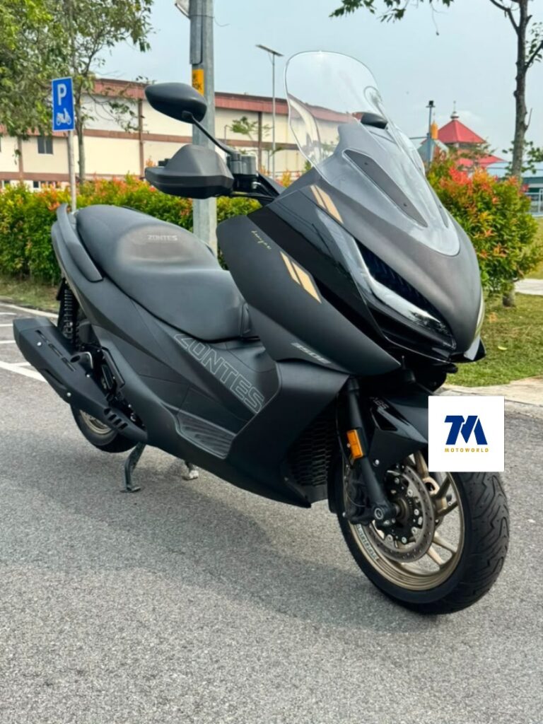 Front view of the Zontes 350E motorcycle in black