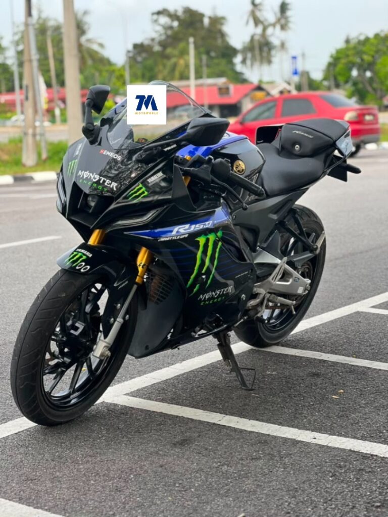 Front view of Yamaha R15M with Monster livery
