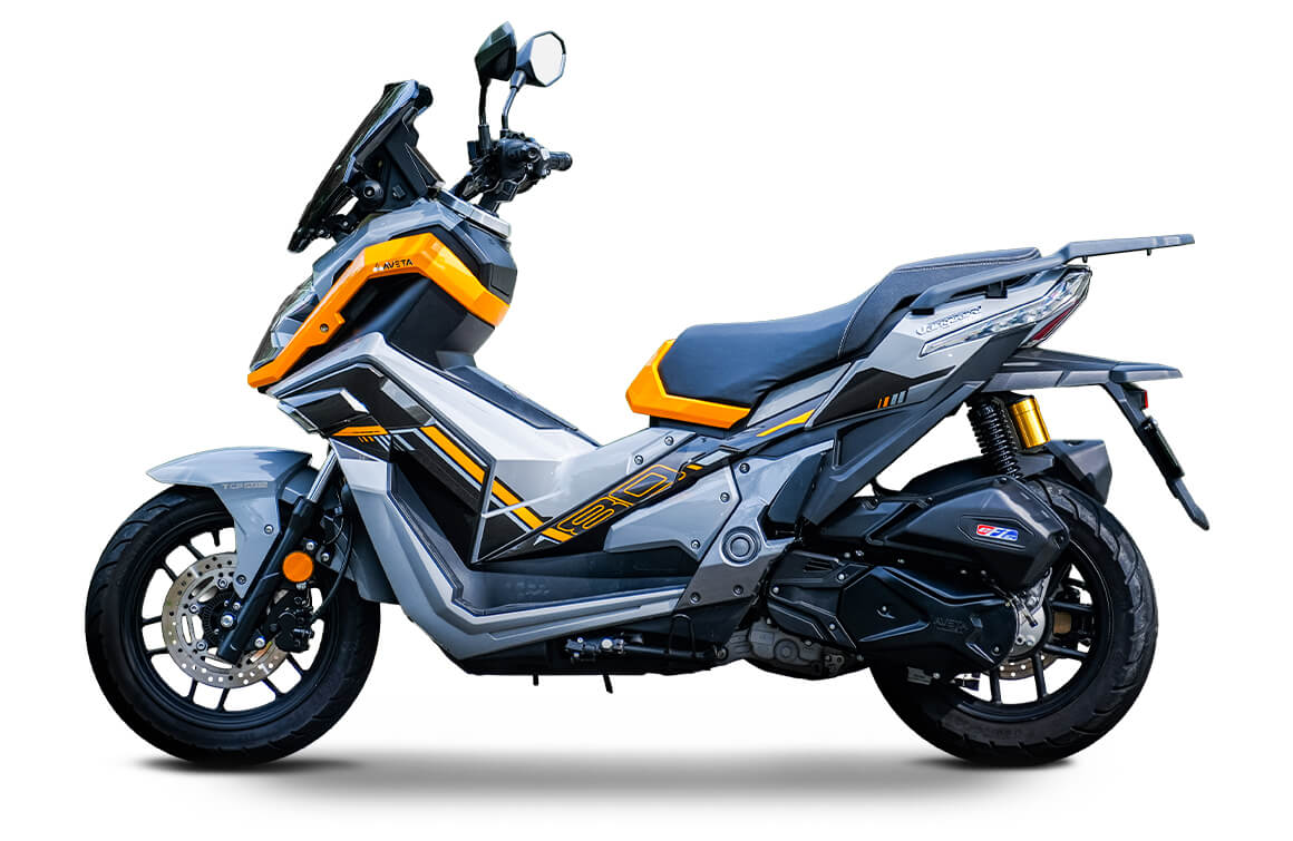 Aveta Vanguard 180 Standard adventure scooter in Gray Sandstone with orange accents, side view