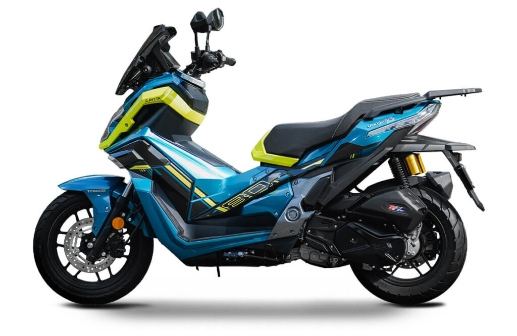Aveta Vanguard 180 Standard adventure scooter in Neon Terrain blue and yellow, side view