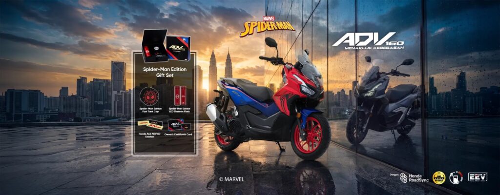 Honda ADV160 Spider-Man Edition in red and blue livery with its gift set against the KL skyline