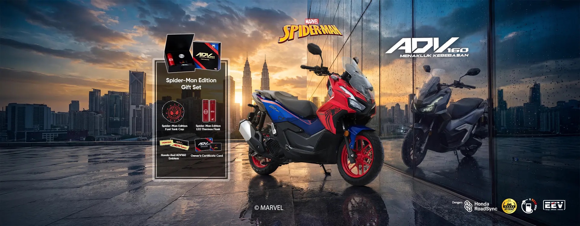 Honda ADV160 Spider-Man Edition in red and blue livery with its gift set against the KL skyline