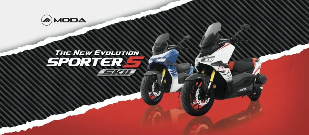 MODA Sporter-S SKII maxi scooters in Titan Blue and Porsche White on the official launch banner