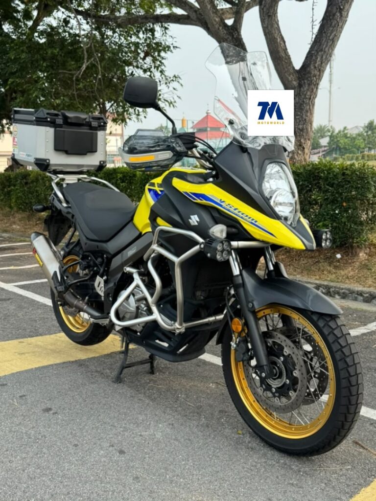 Front view of a yellow Suzuki V-Strom 650XT motorcycle