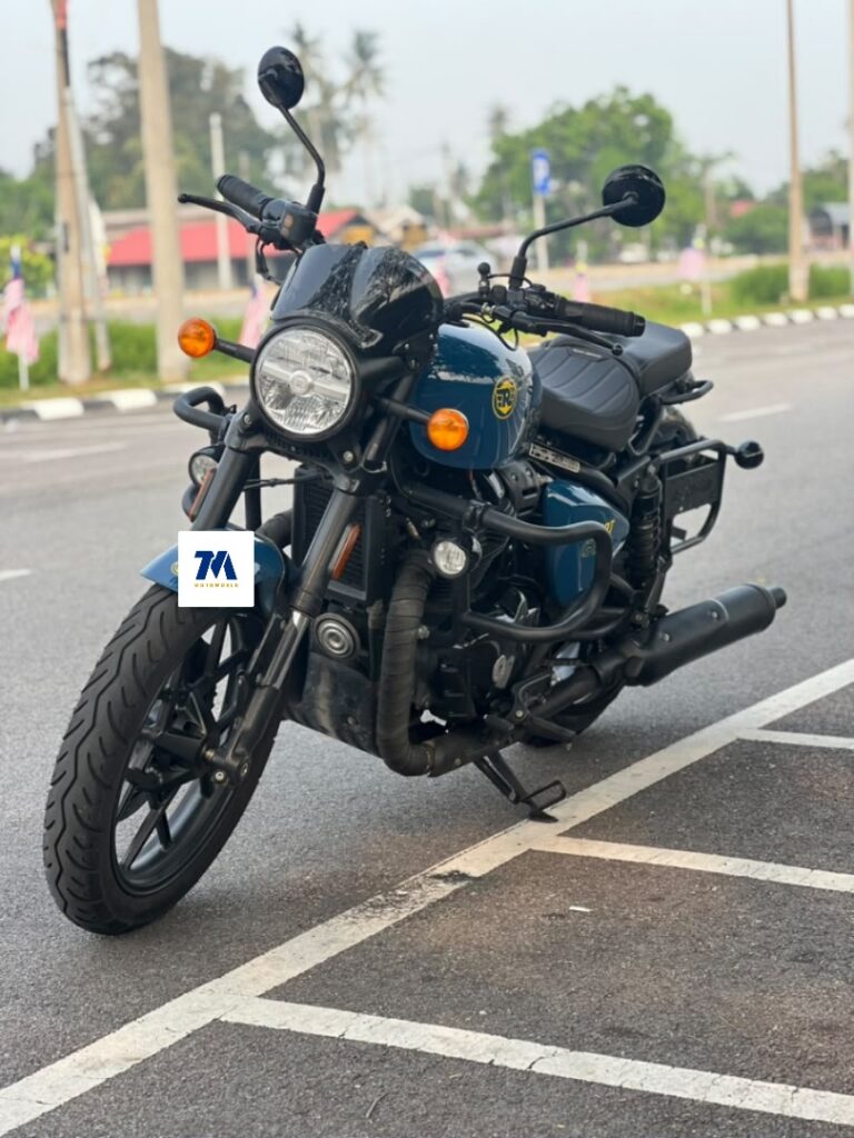 Royal Enfield motorcycle front view with handlebars and headlight visible