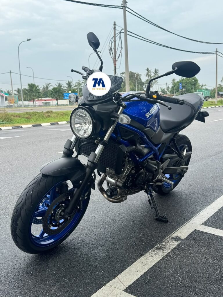 Front view of Suzuki SV650, blue and black motorcycle