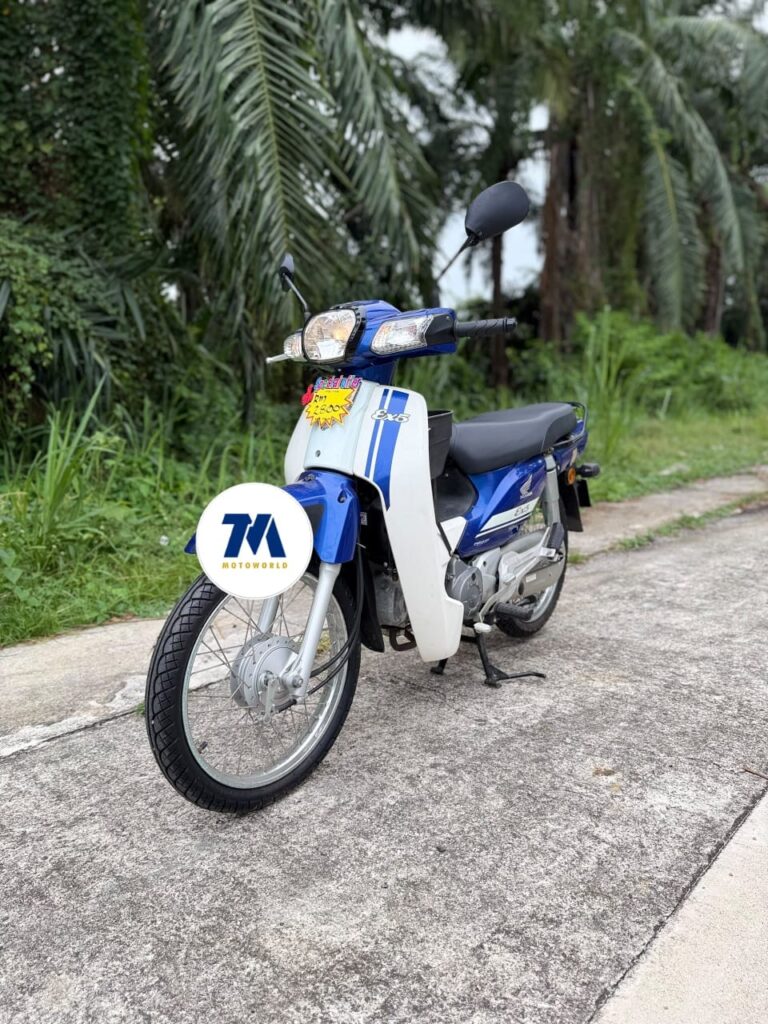 Blue Honda EX5 110 motorcycle, front-3/4 view