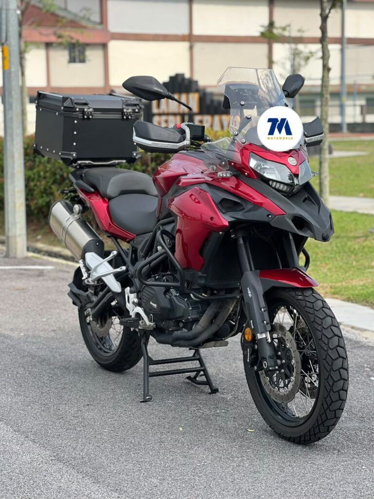 front view of a red Benelli TRK502X motorcycle