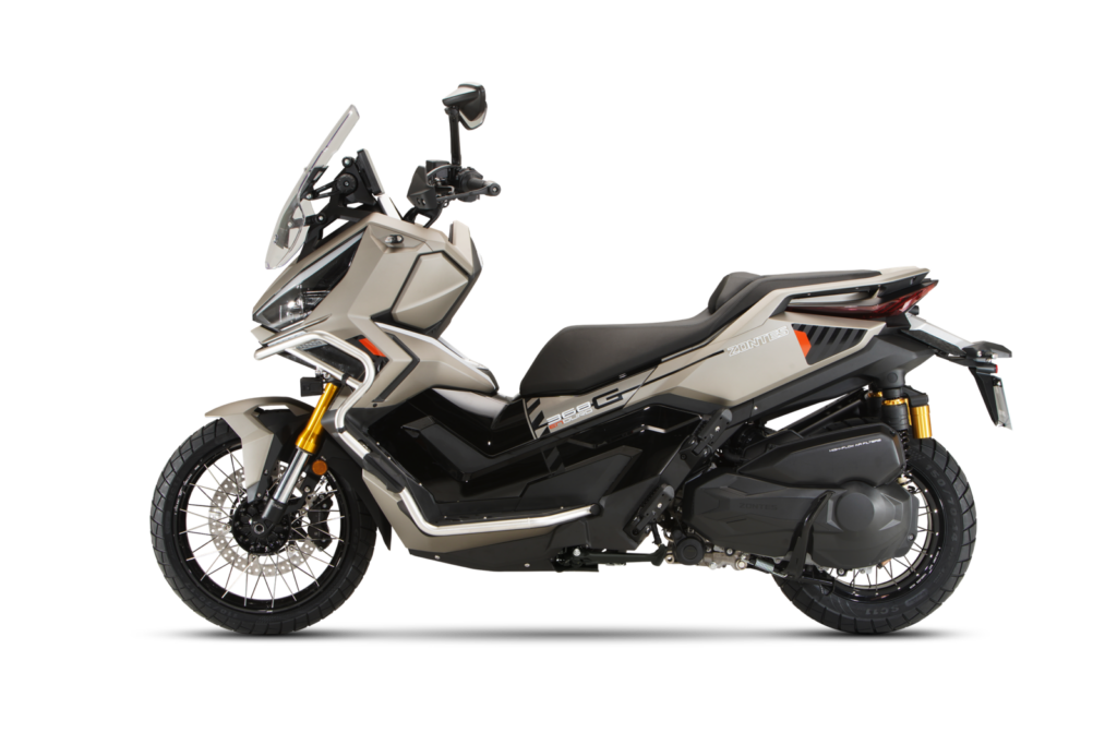 Zontes 368G V2.1 adventure scooter in Brown showing the gold external reservoir rear shocks