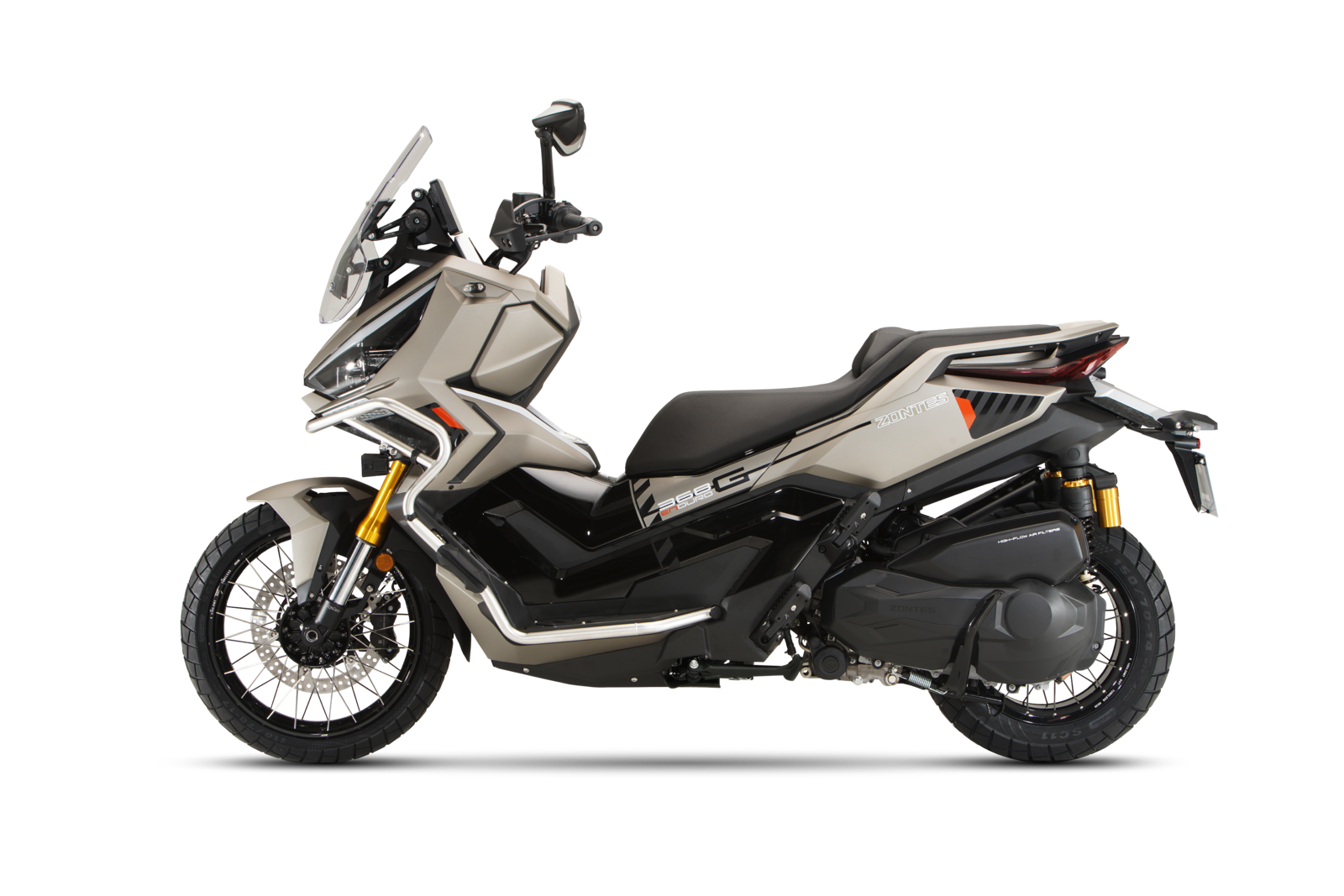 Zontes 368G V2.1 adventure scooter in Brown showing the gold external reservoir rear shocks