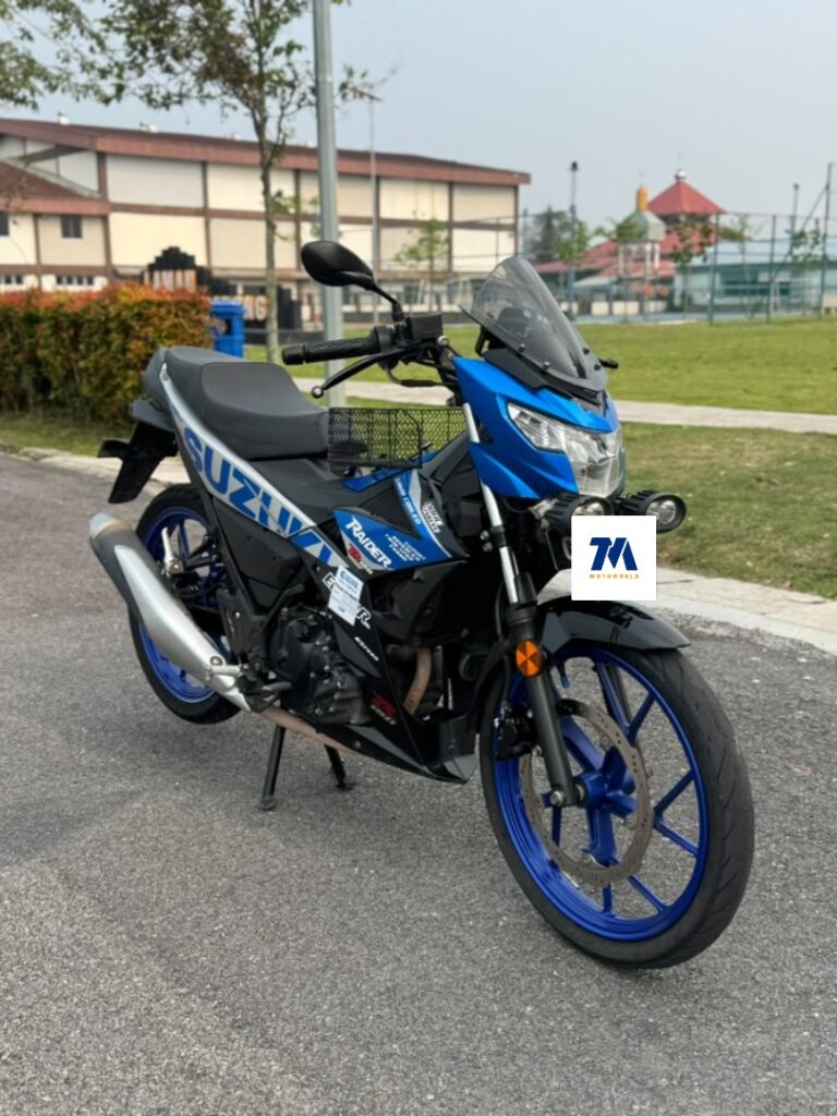 Front view of a blue Suzuki Raider 150 GP Edition motorcycle