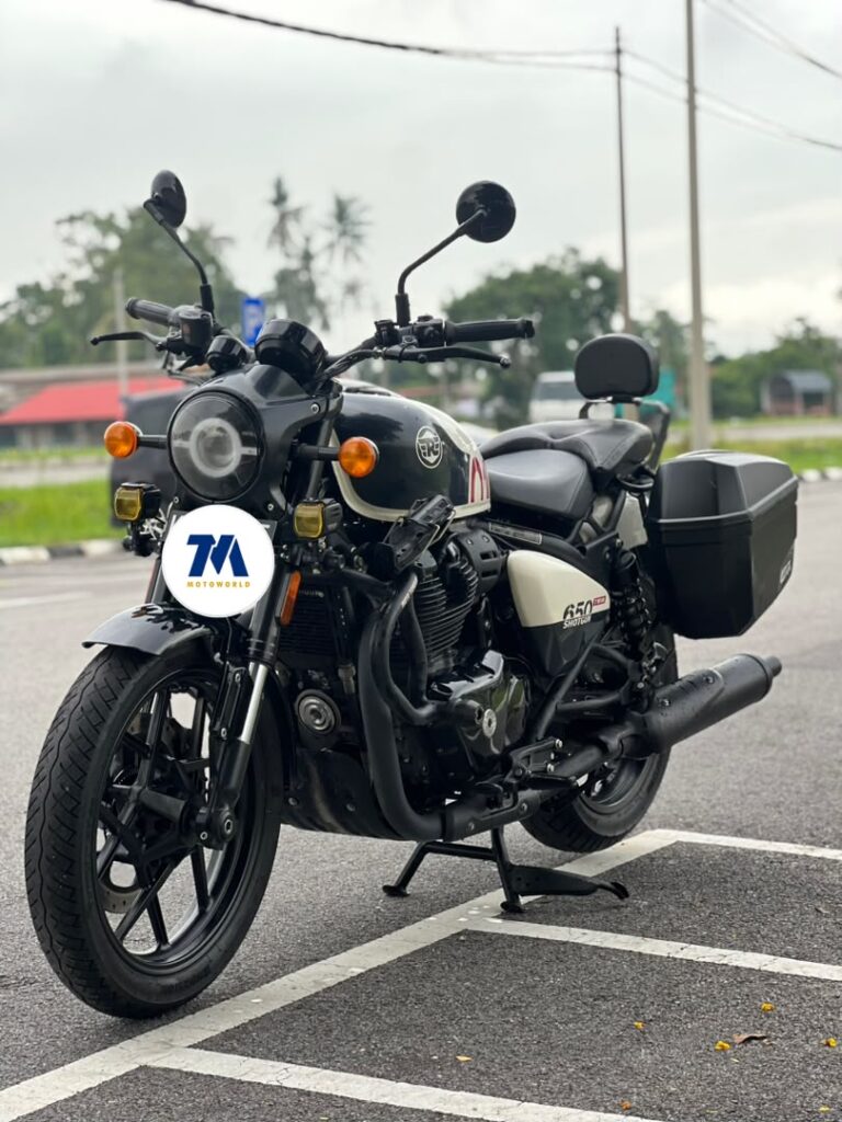 front view of a Royal Enfield motorcycle with panniers