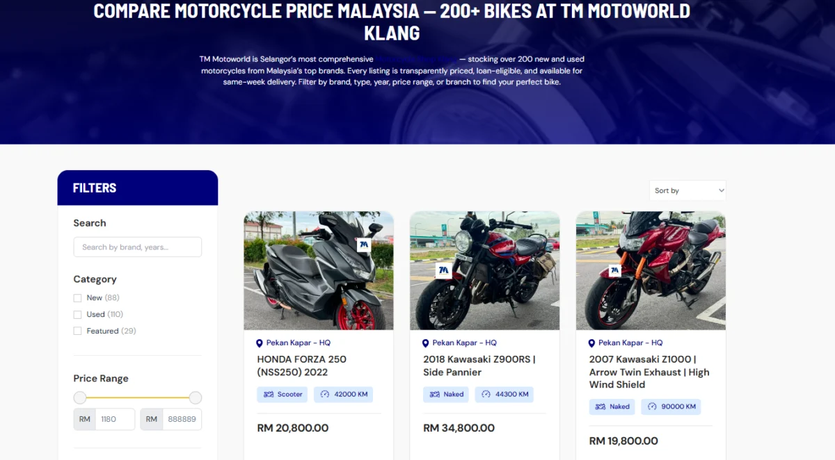 Browse TM Motoworld’s shop for your 250cc bike purchase