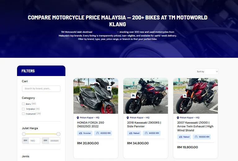 Cari motor berdasarkan kelas lesen, kapasiti enjin, bajet dan jenis tunggangan di TM Motoworld